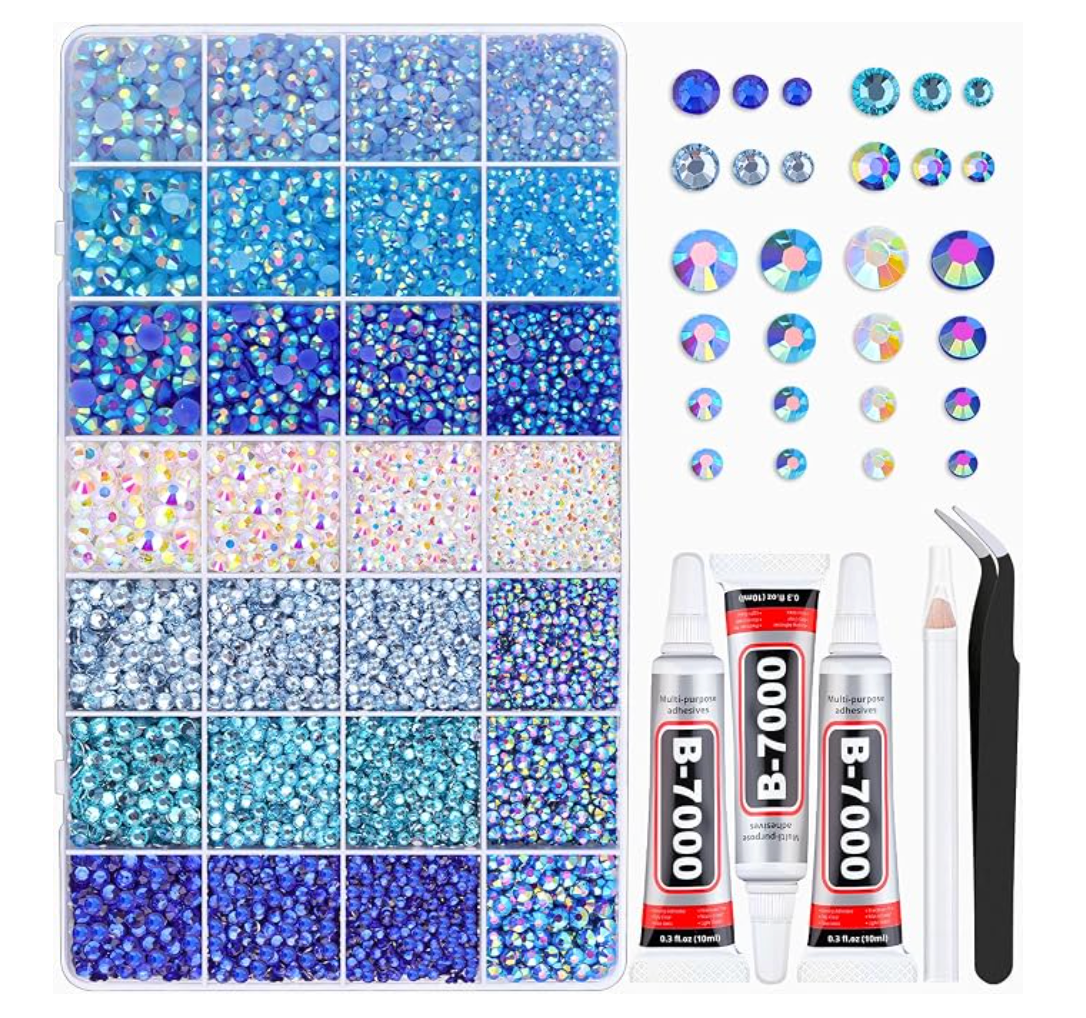 Blue/silver loose rhinestone kit with adhesive and tools