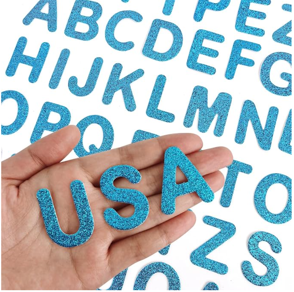 Baby-blue glitter iron-on alphabet letters