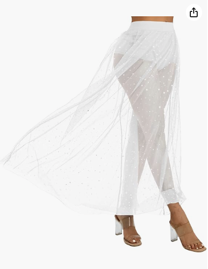 White rhinestone split maxi skirt with built-in shorts